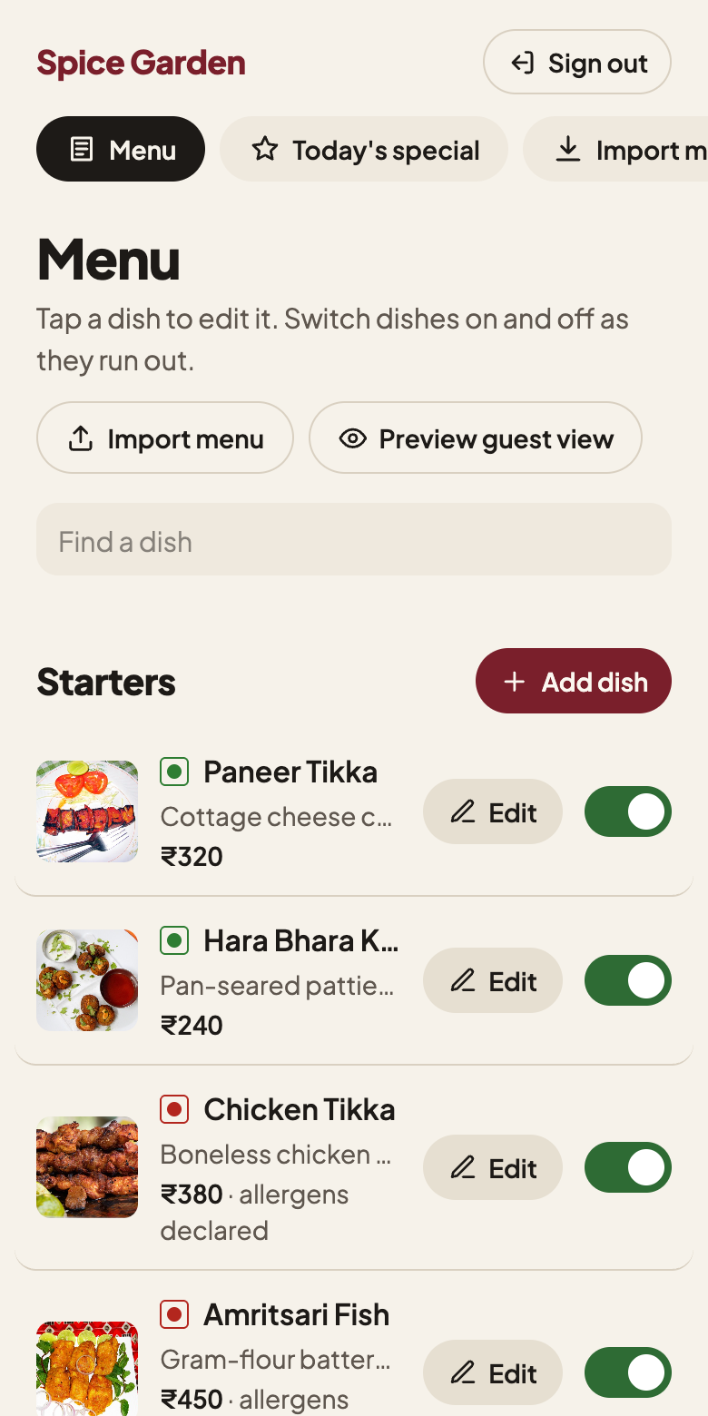 The manager’s Menu page: dishes with photos, an Edit button and an on/off switch each