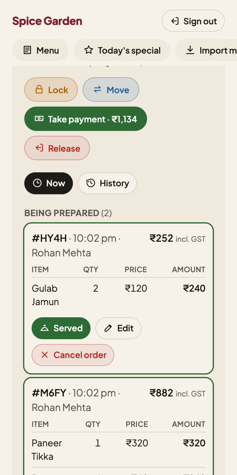 The staff Tables page: Lock, Move, Take payment and Release buttons above an order being prepared